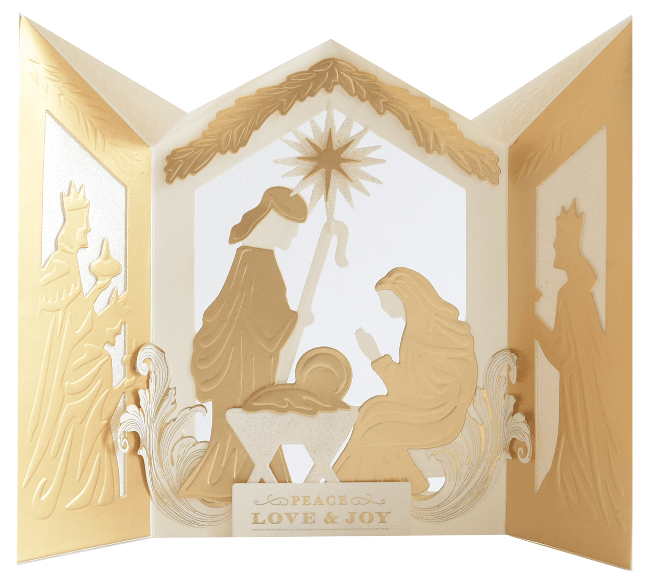 a card with a nativity scene inside of it.