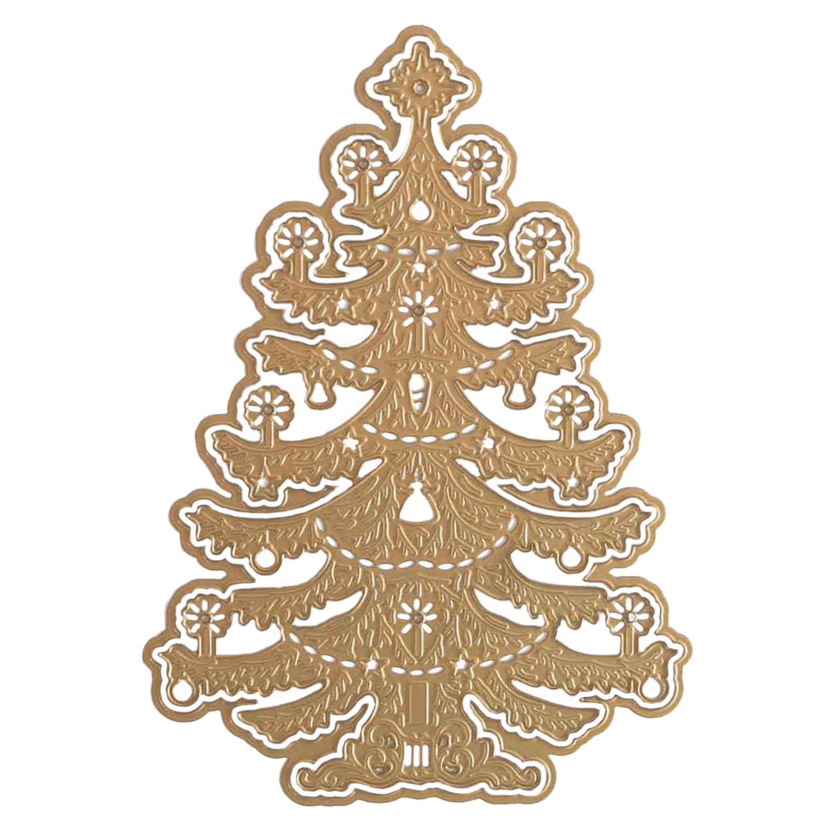 a gold christmas tree with ornaments on a green background.