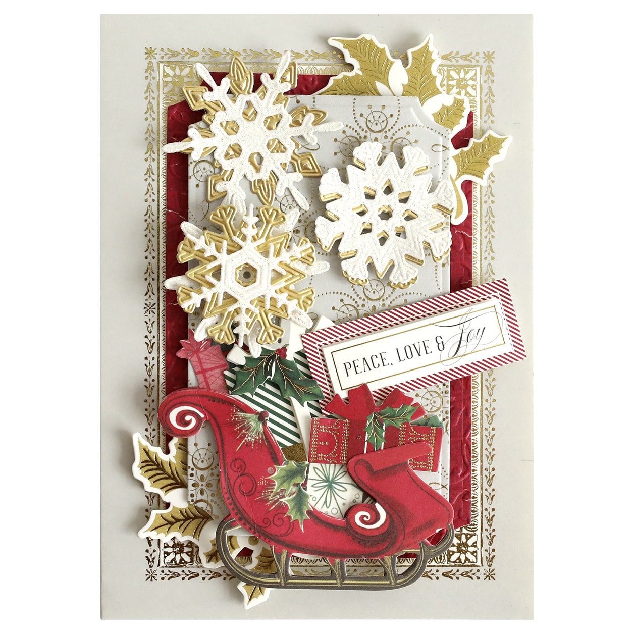 a christmas card with a sleigh and snowflakes.