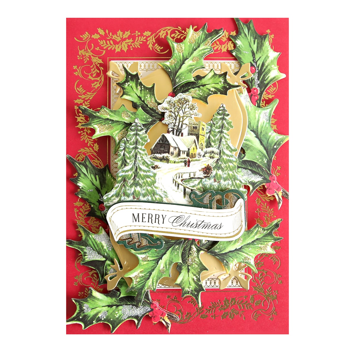 a christmas card with holly and a house.