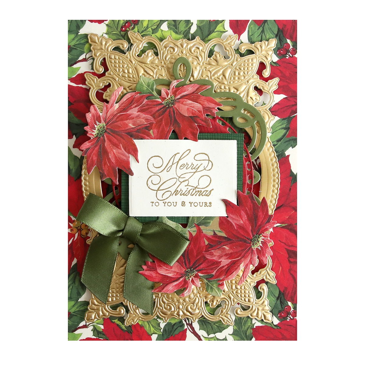 a christmas card with poinsettis and a bow.