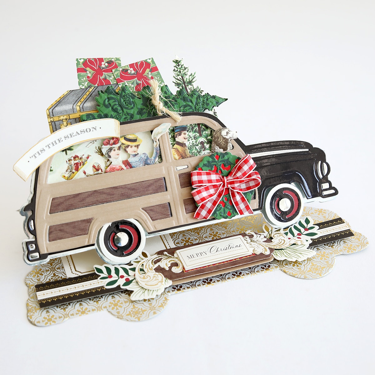 a card with a truck with a christmas tree in the back.