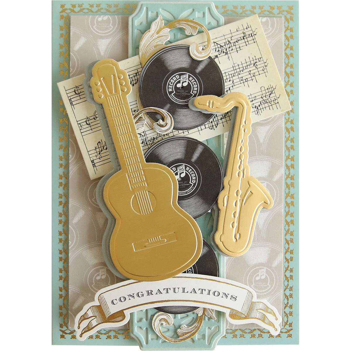 a close up of a card with a guitar.