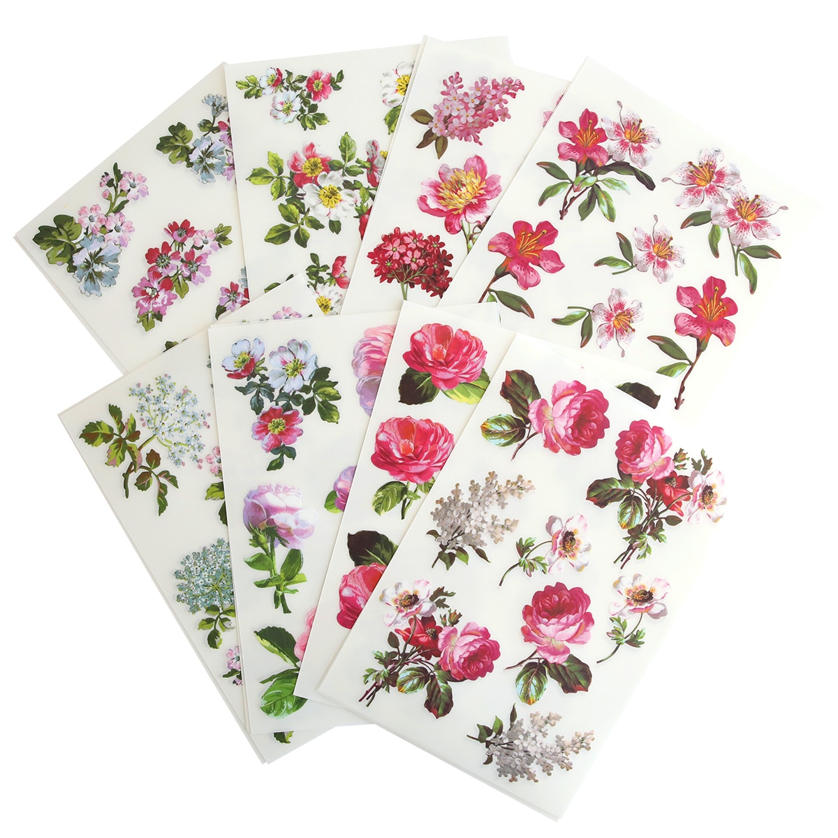 a set of six floral stickers on a white background.