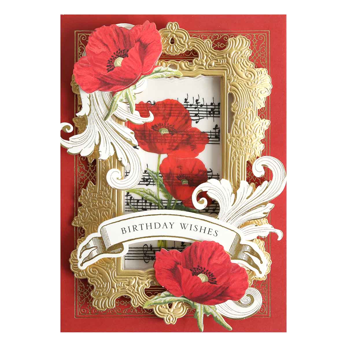 a red card with a gold frame and red flowers.