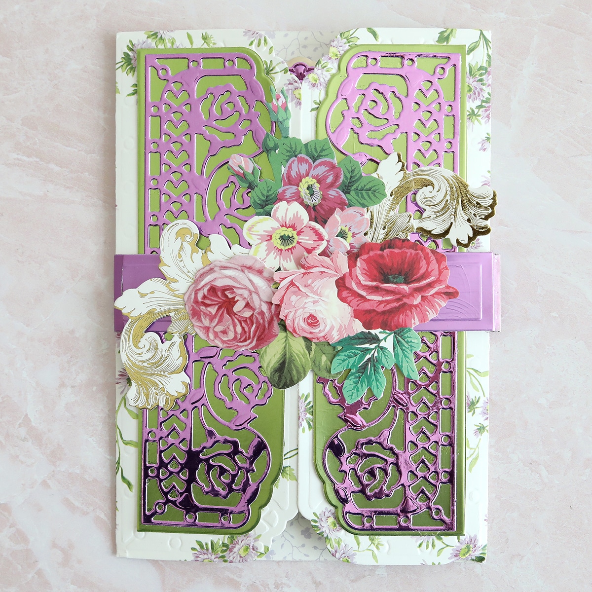 a close up of a card with flowers on it.