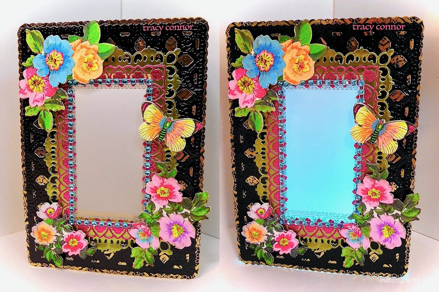 a picture frame decorated with flowers and butterflies.