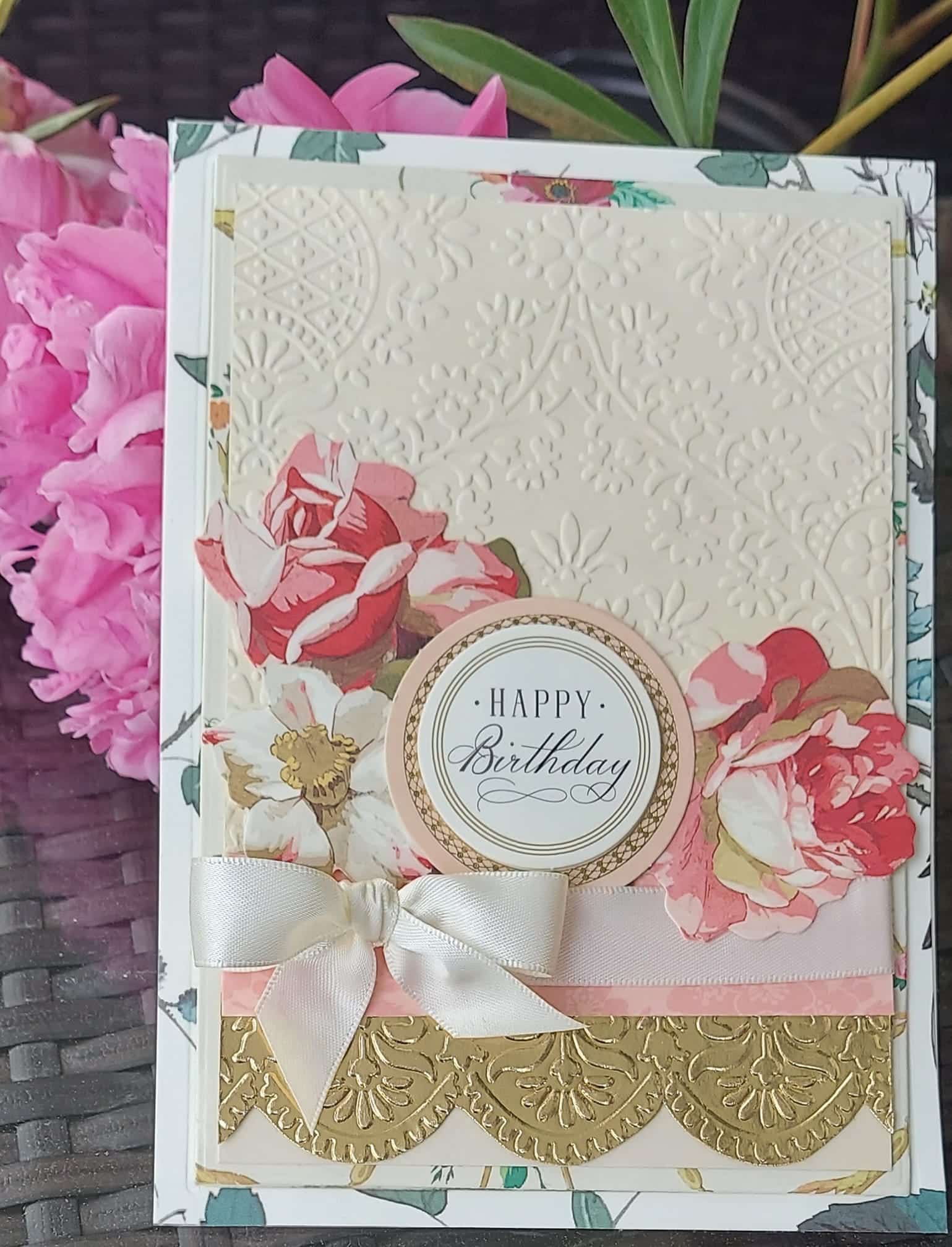 a close up of a greeting card with flowers.