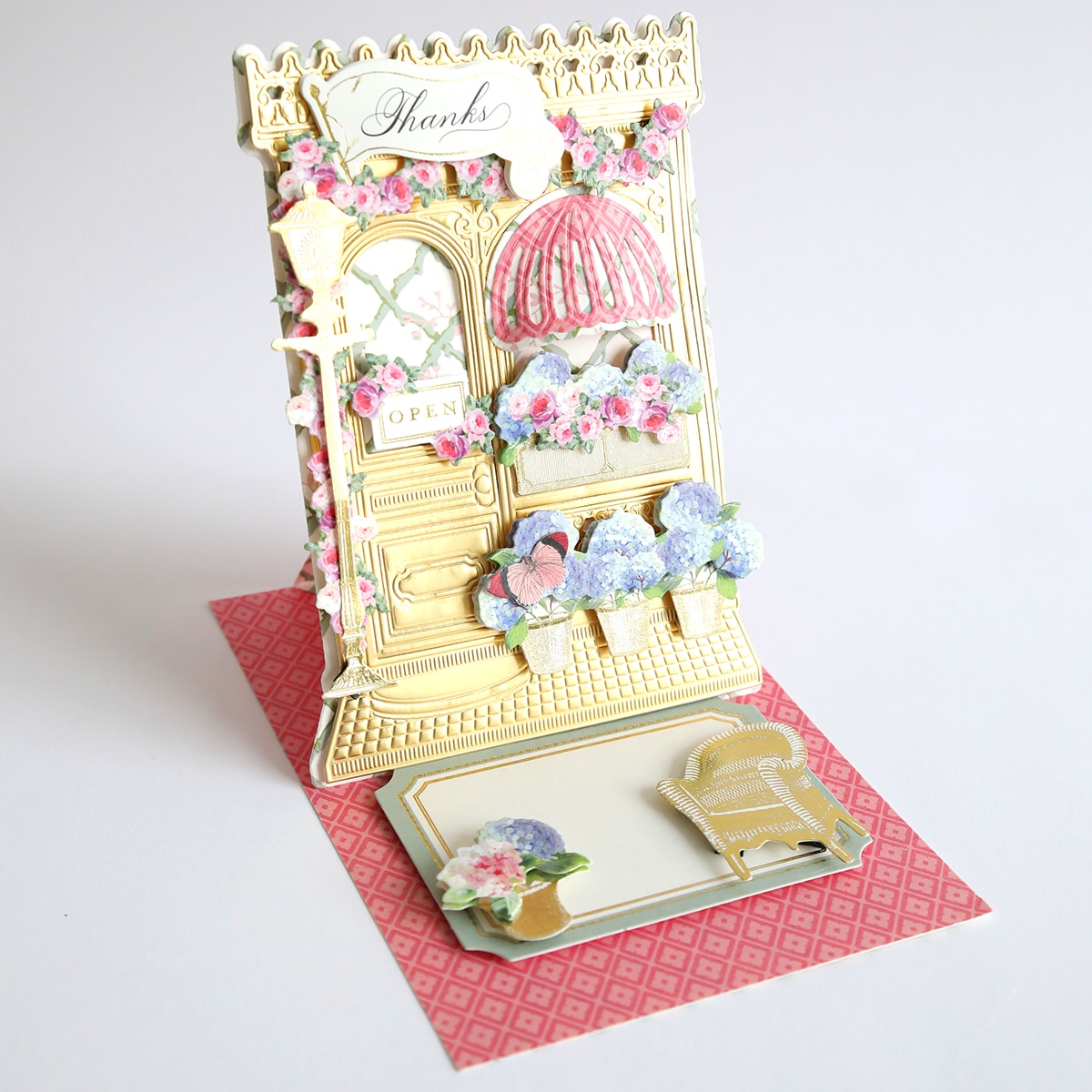 A close up of a card with a Flower Shop 3D Easel Dies.