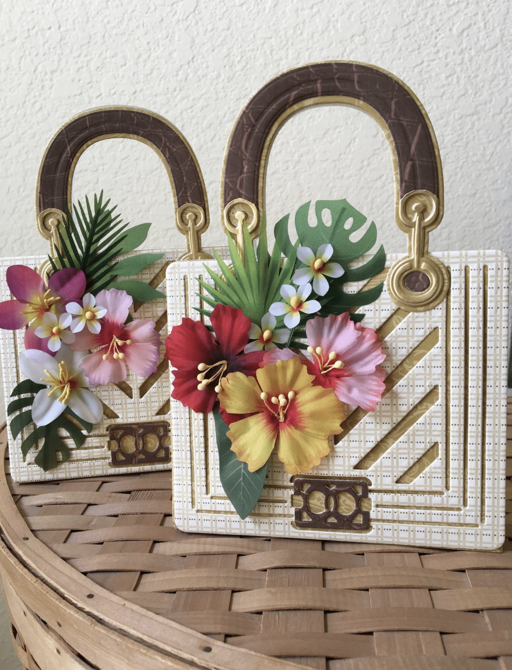 a close up of a basket with flowers on it.