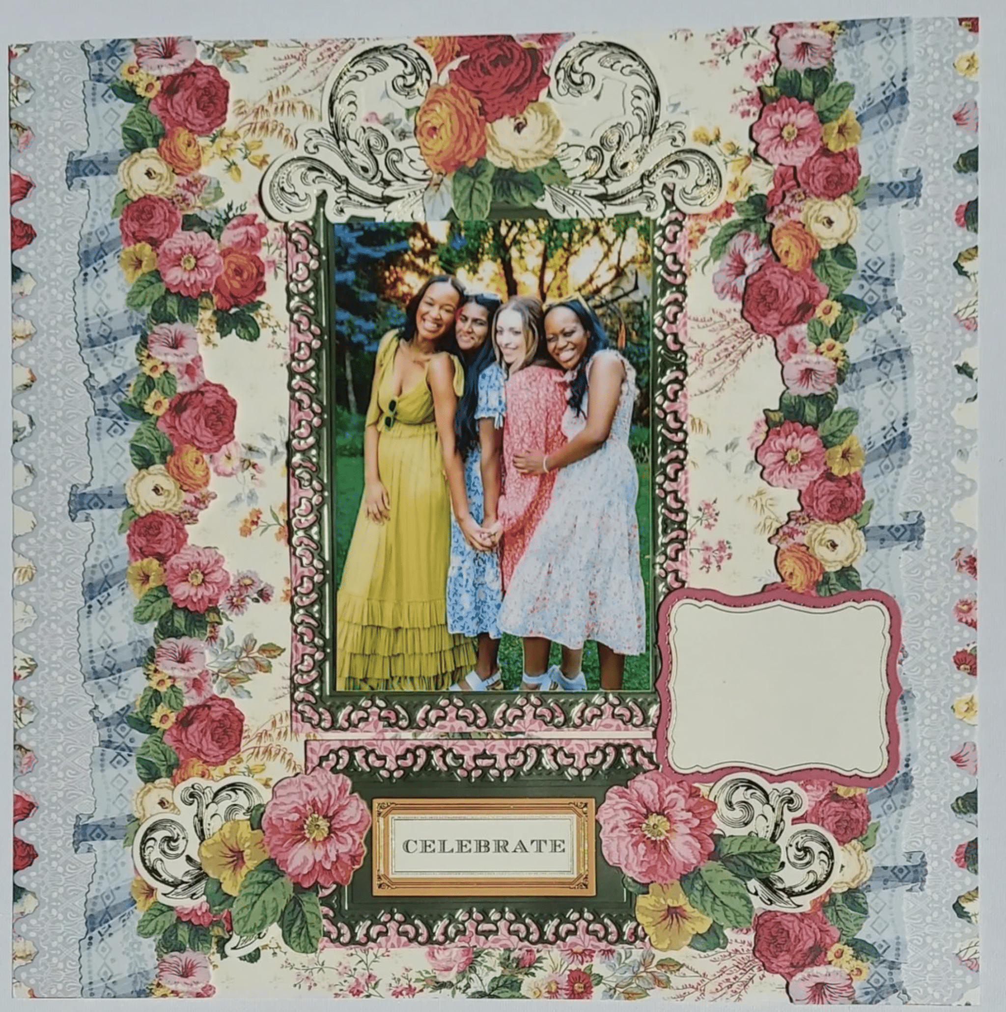 a card with a picture of three girls and flowers.