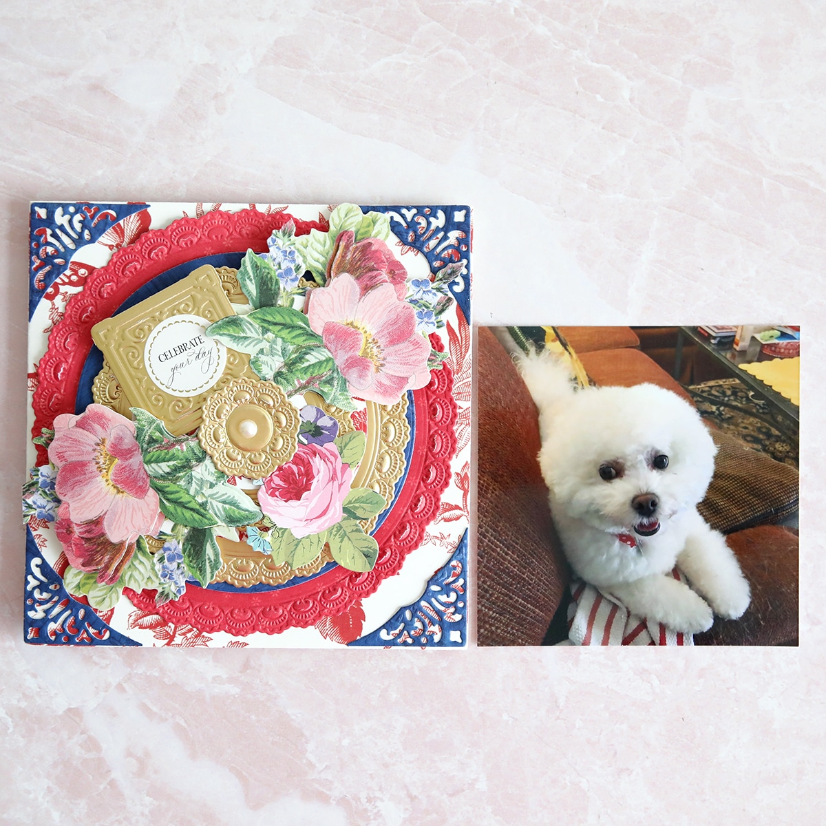 a card with a photo of a dog and flowers.