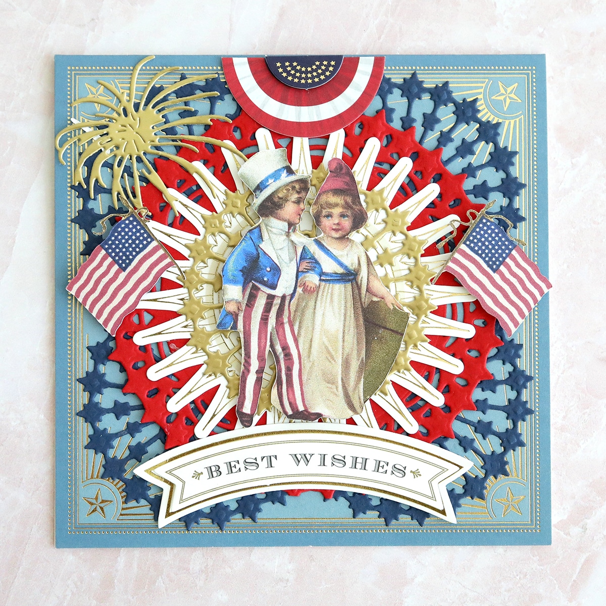 a patriotic card with a boy and a girl.