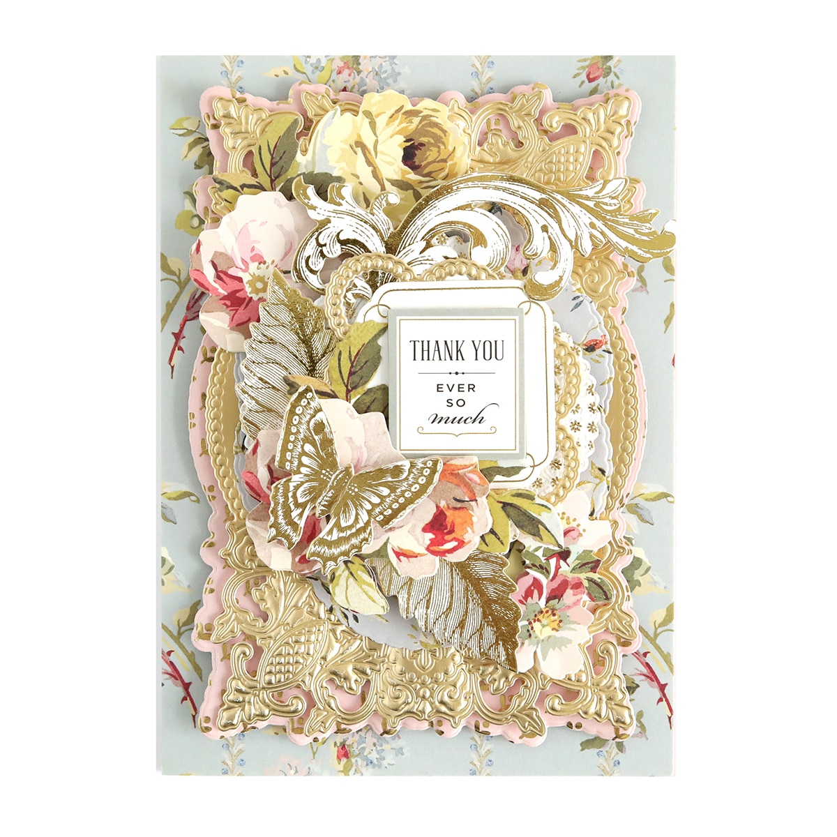 a thank you card with flowers and a frame.