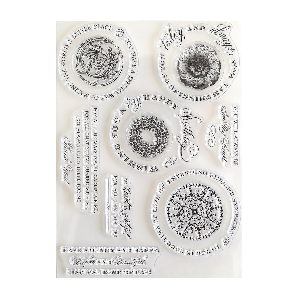 a set of clear stamps with a black and white design.