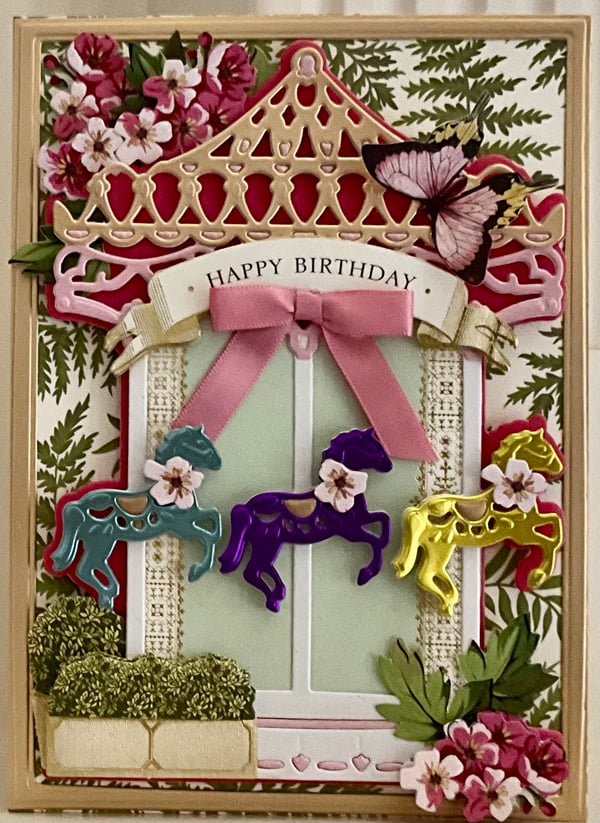birthday card, carousel, flowers.