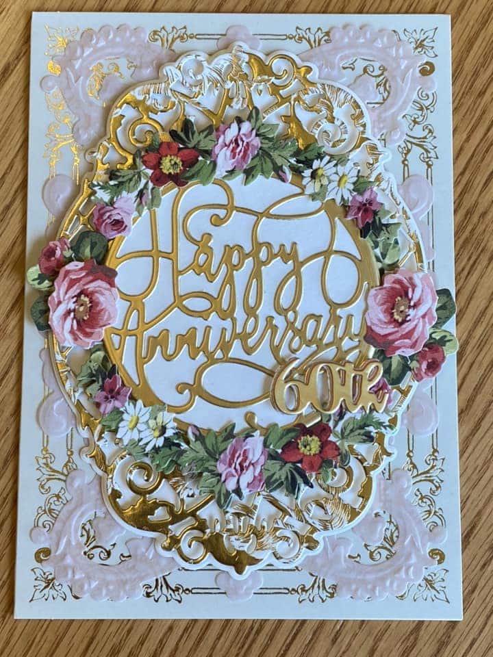 happy anniversary, gold foil, pink flowers.