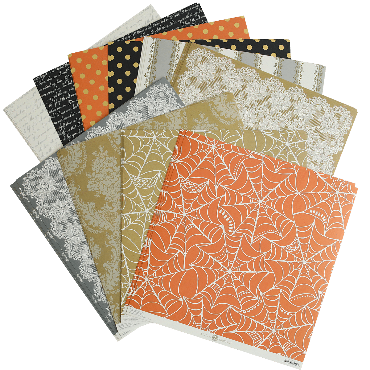 A collection of Endora Halloween 12x12 Cardstock papers with black, orange and white designs.