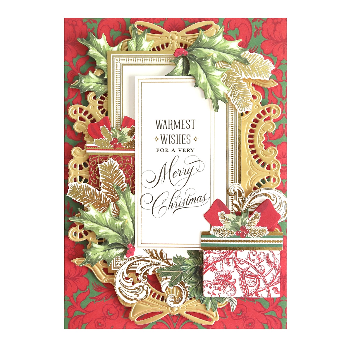 a merry christmas card with holly and berries.