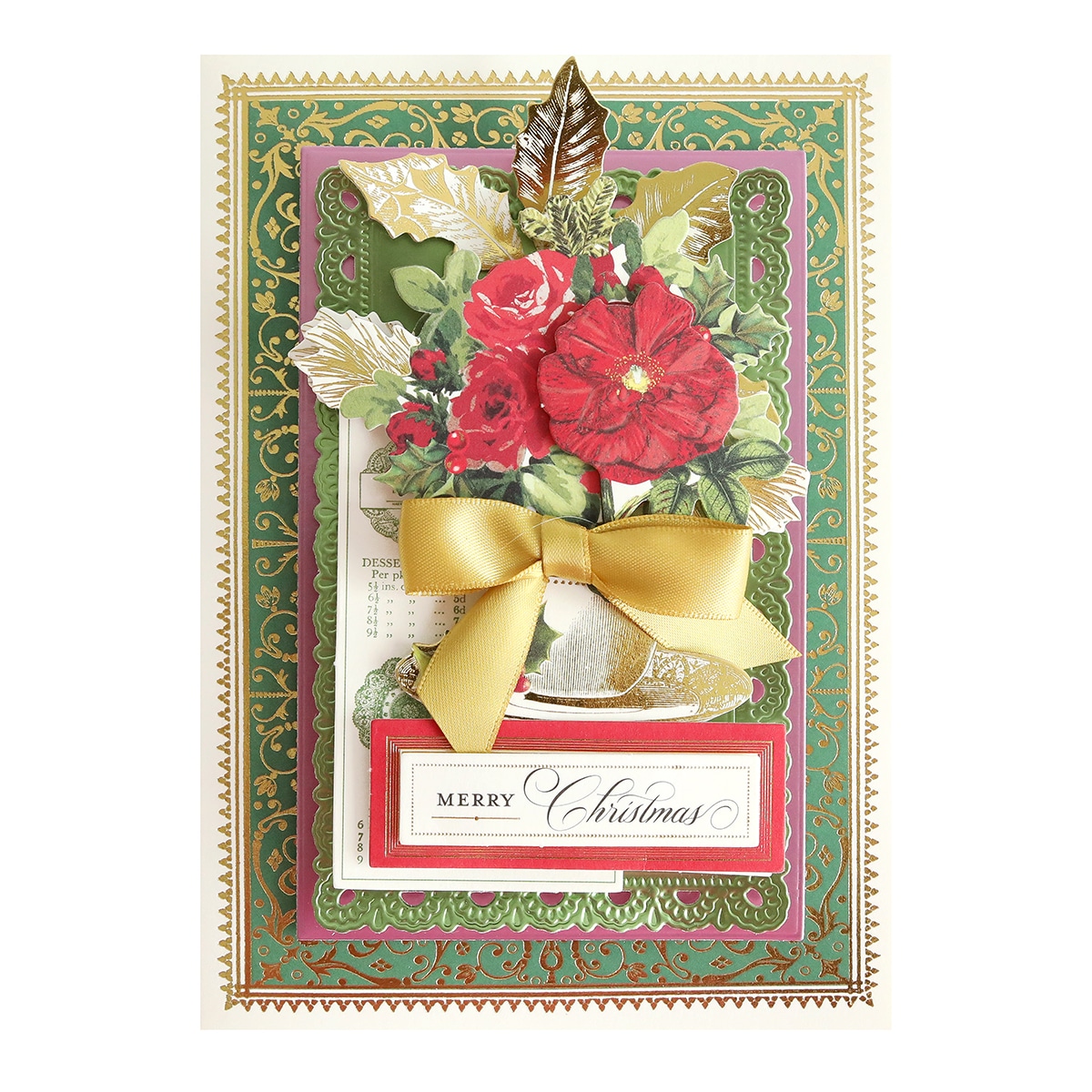 a christmas card with red flowers and a gold bow.