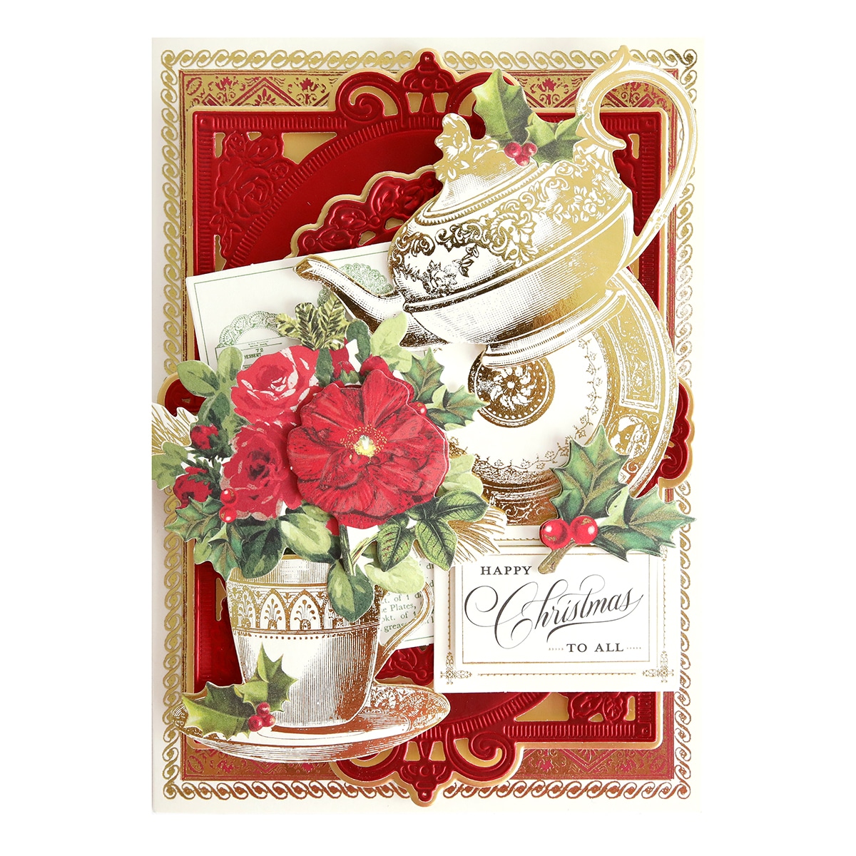 a christmas card with a teapot and flowers.