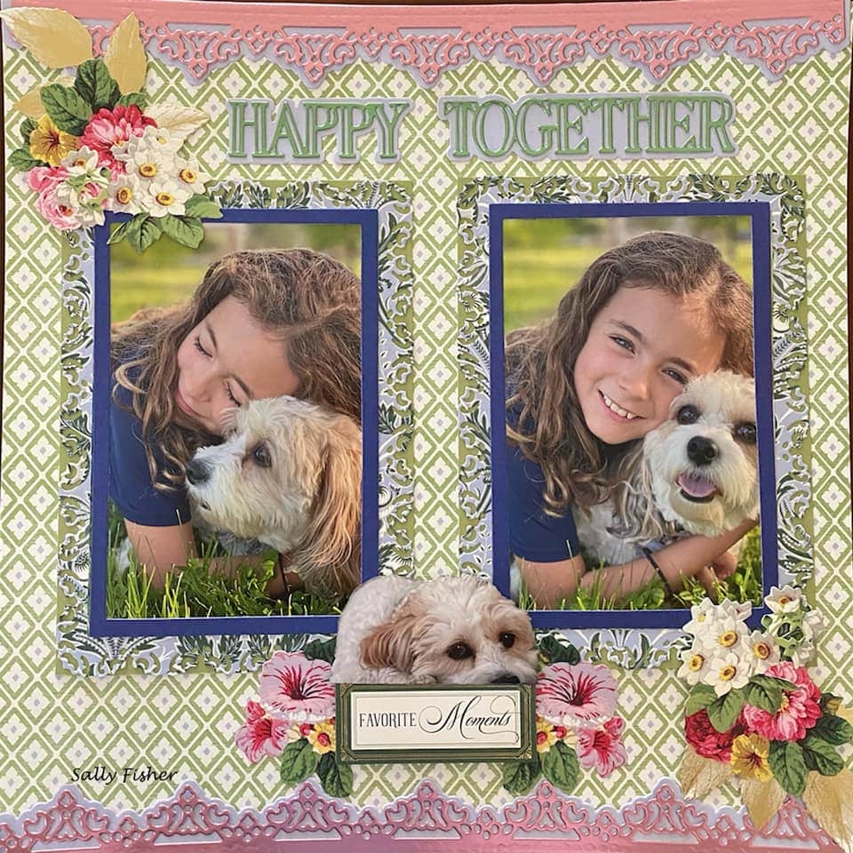 A scrapbook page with pictures of girls and dogs.