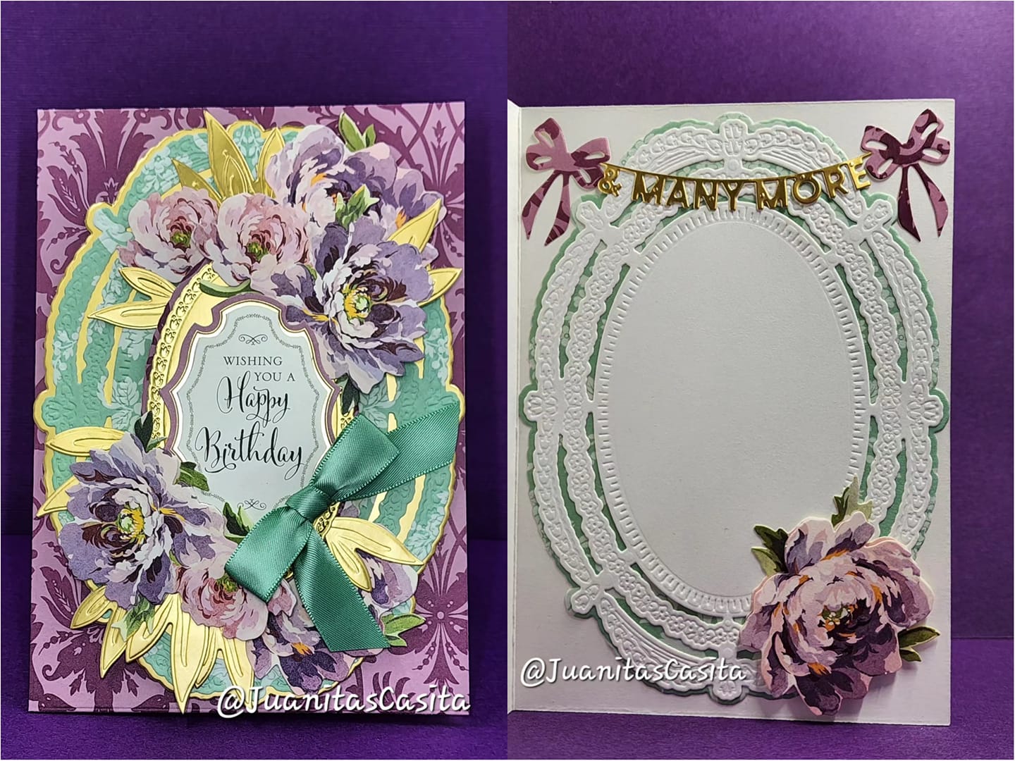 Two cards with flowers and ribbons on them.