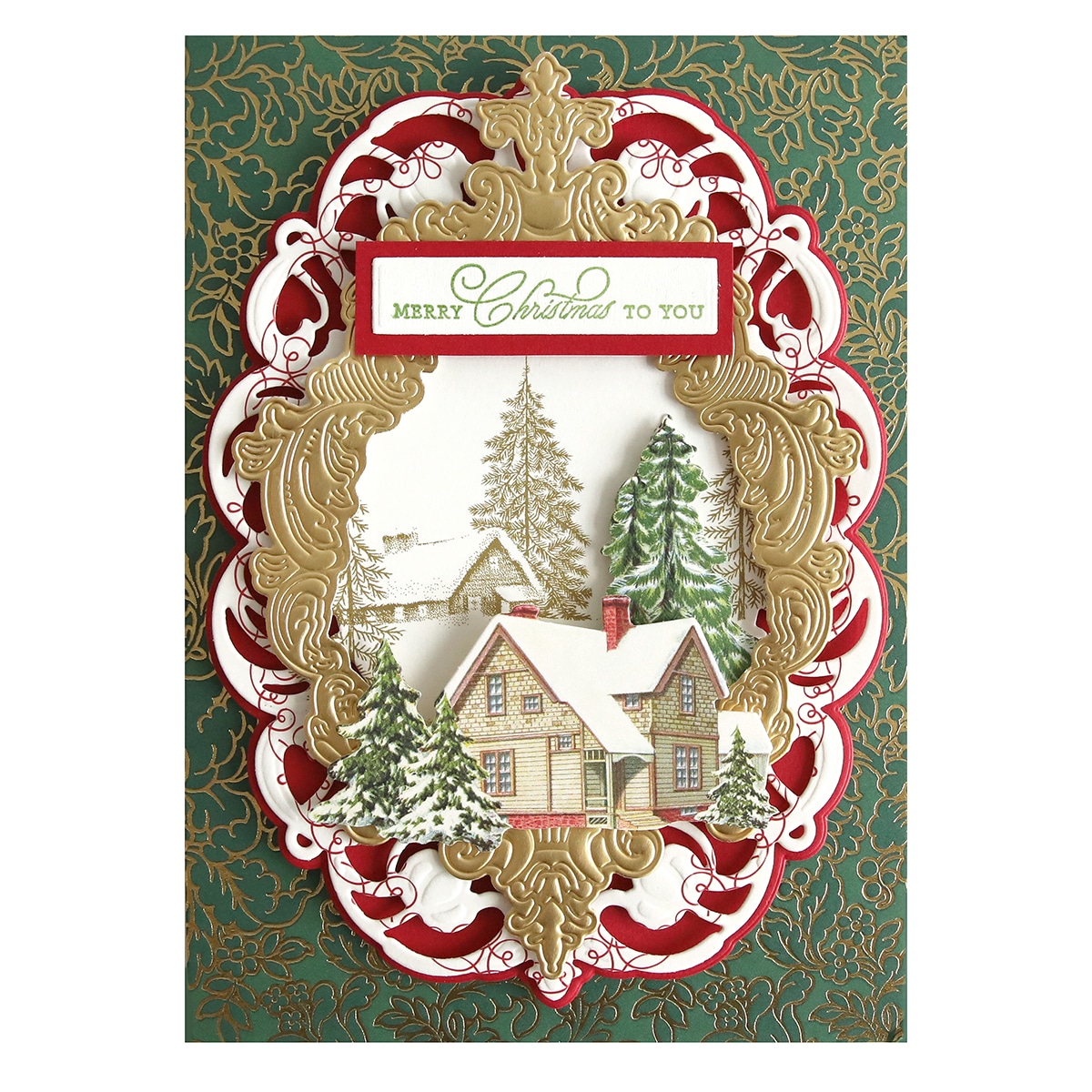 A christmas card with a house and trees.