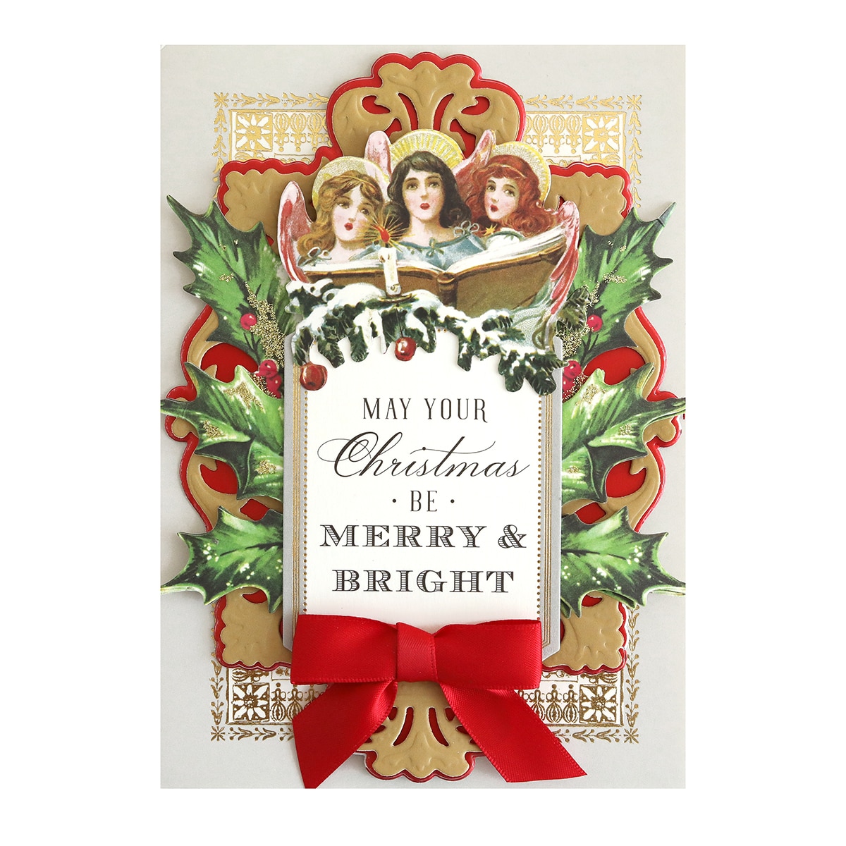 A christmas card with angels and a red bow.
