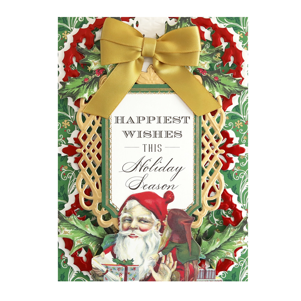 A christmas card with santa claus and a bow.