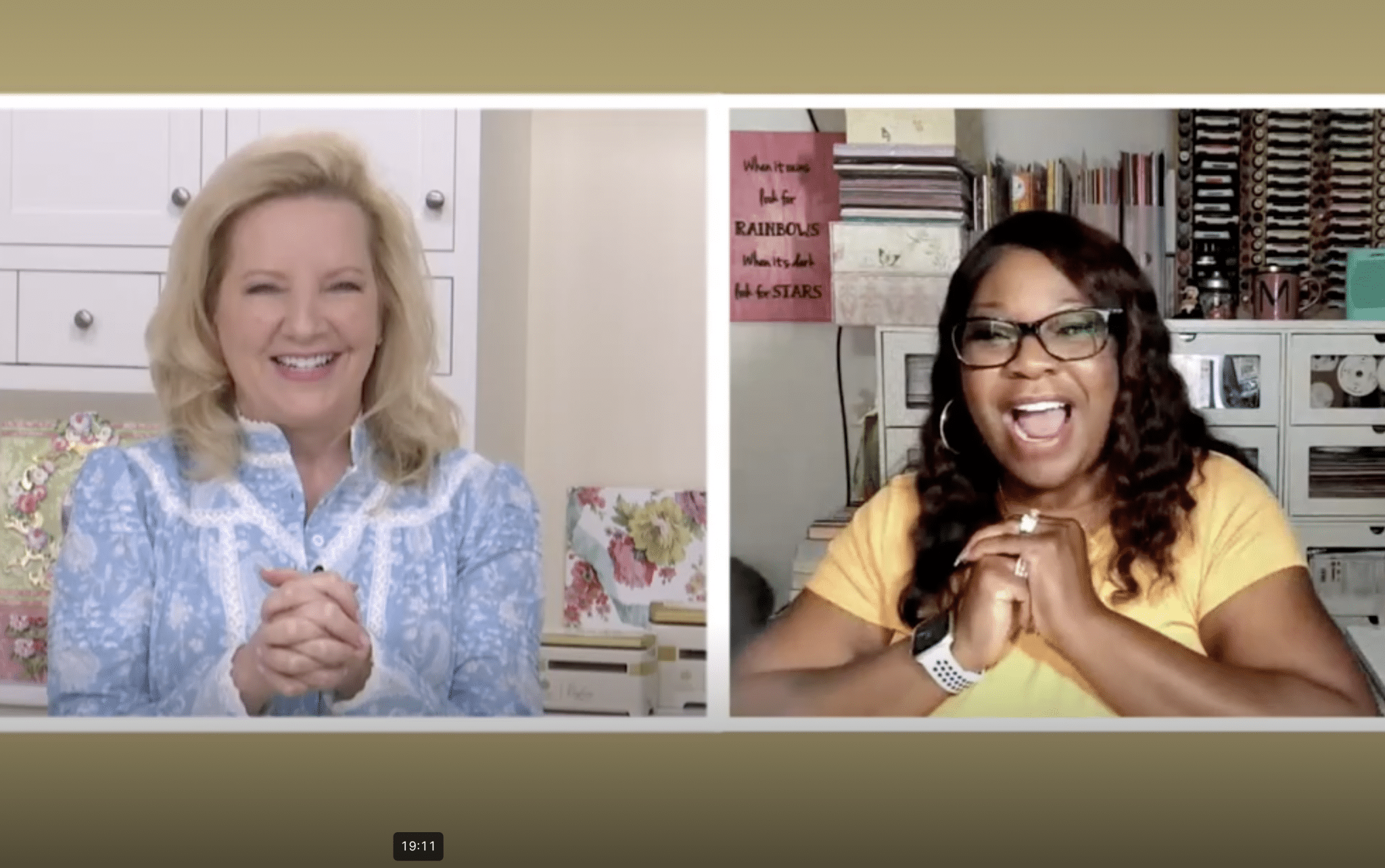 Two women are talking on a video screen.