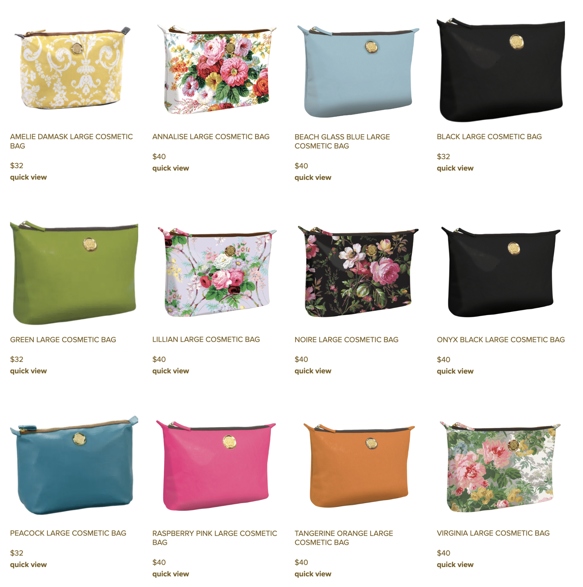 A selection of cosmetic pouches in different colors.