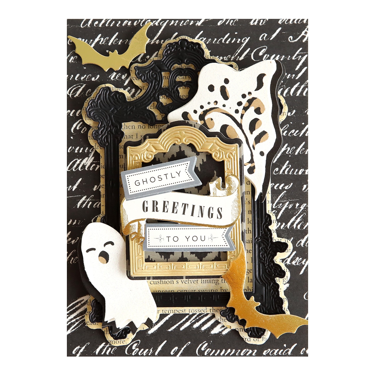 A black and gold card with a ghost on it.