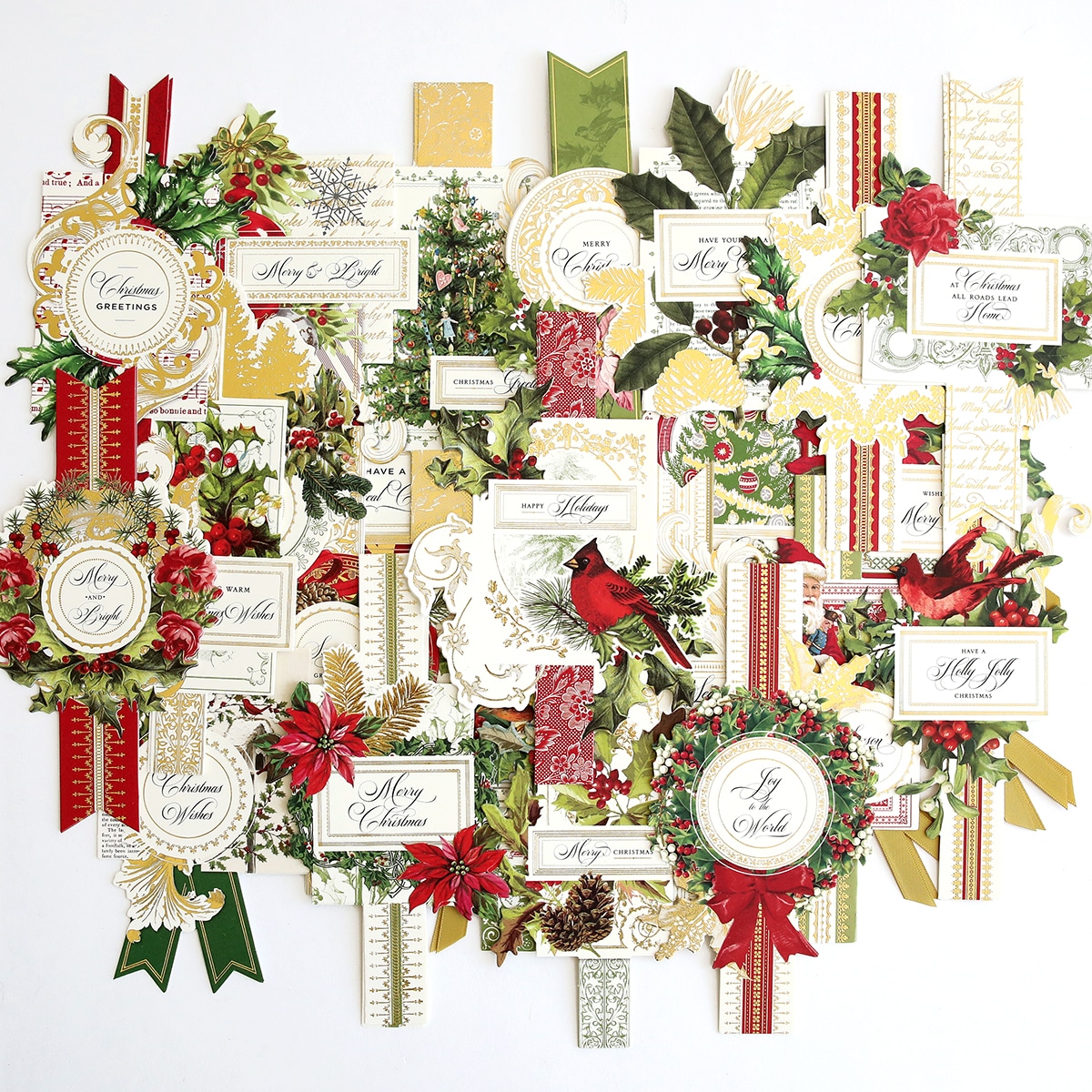 A collection of christmas cards and decorations on a white background.