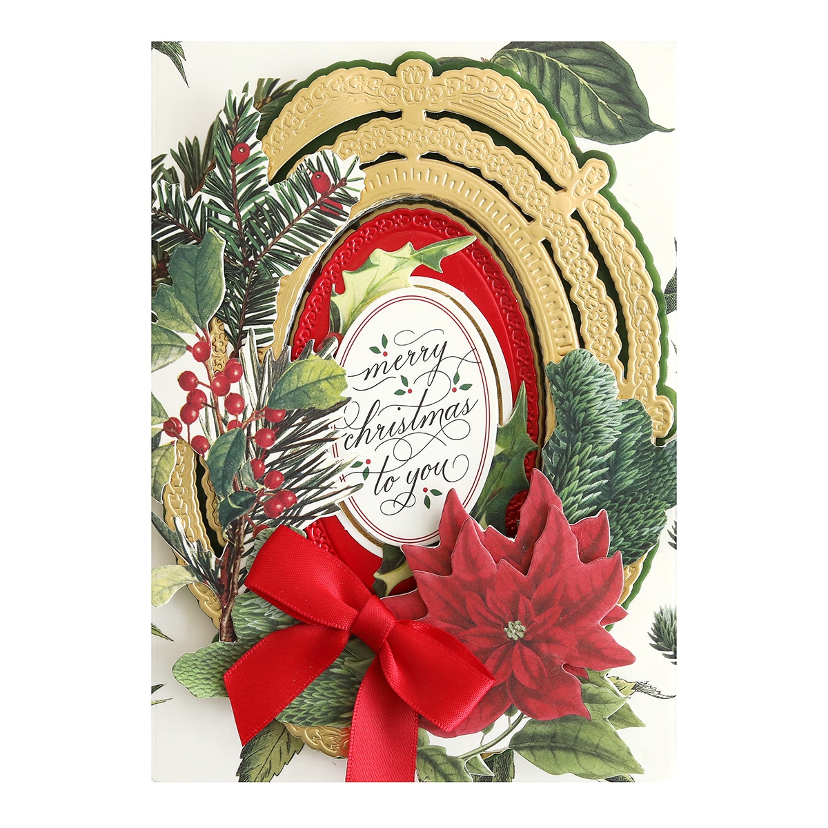 A christmas card with holly leaves and red ribbon.