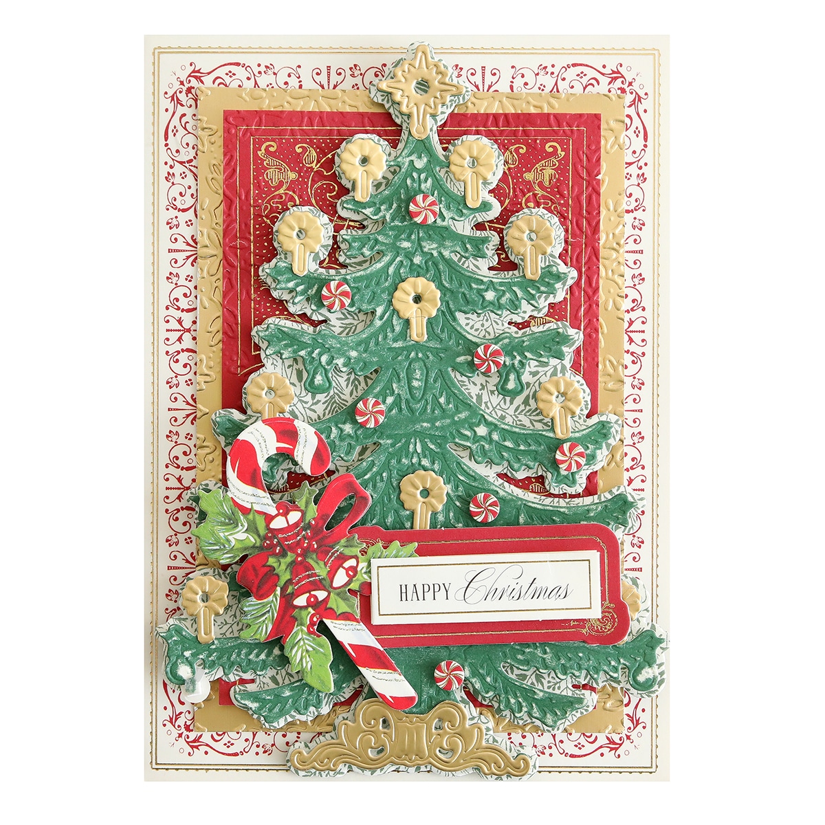 A card with a christmas tree and candy canes.