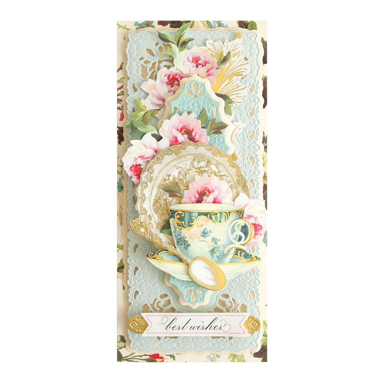 A card with a tea cup and flowers.