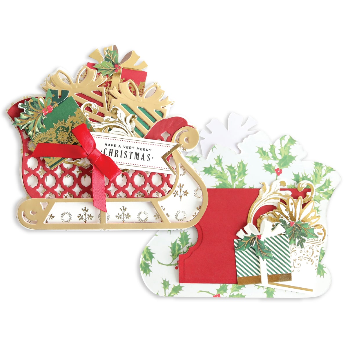 A christmas card with a sleigh and decorations.