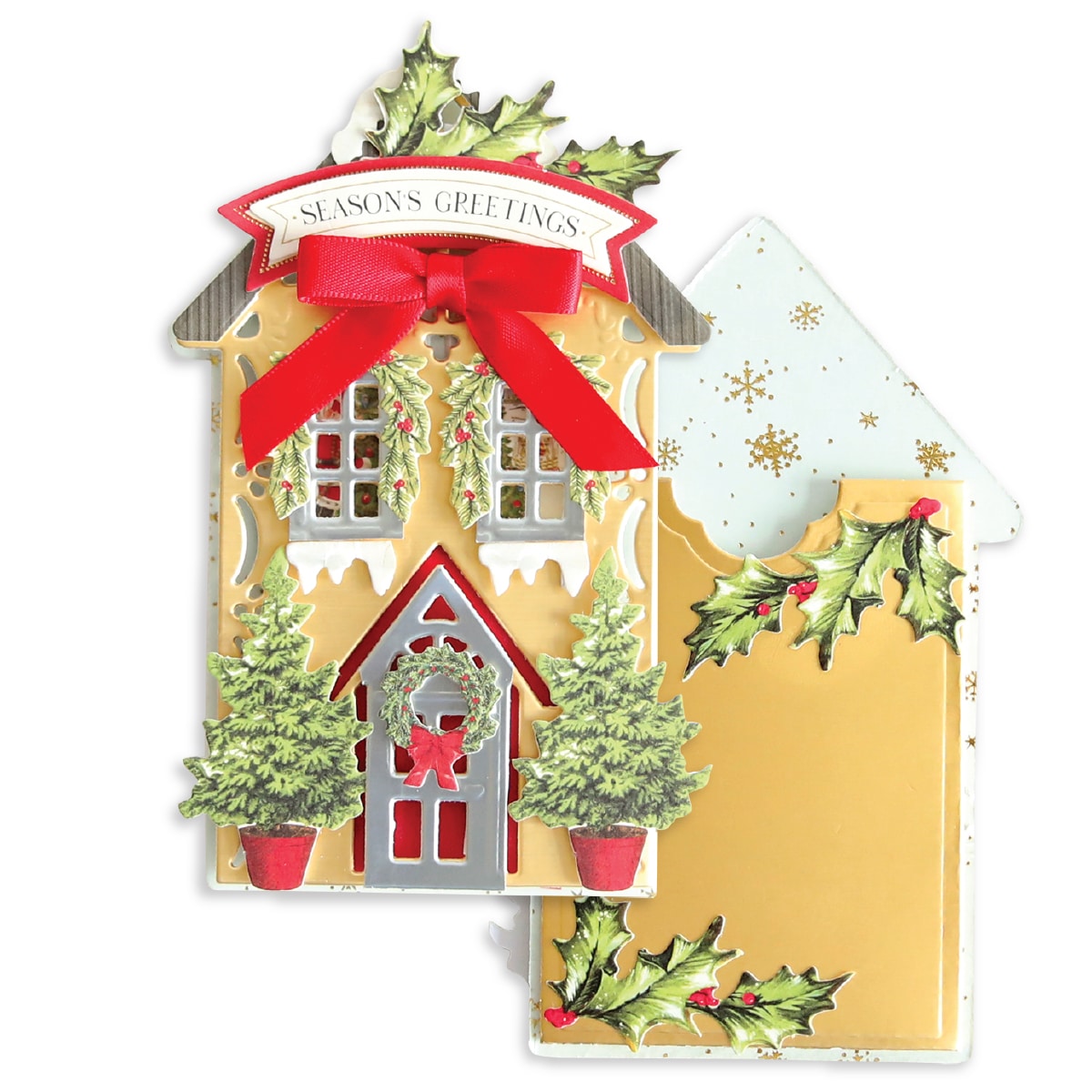 A christmas card with a house and holly.