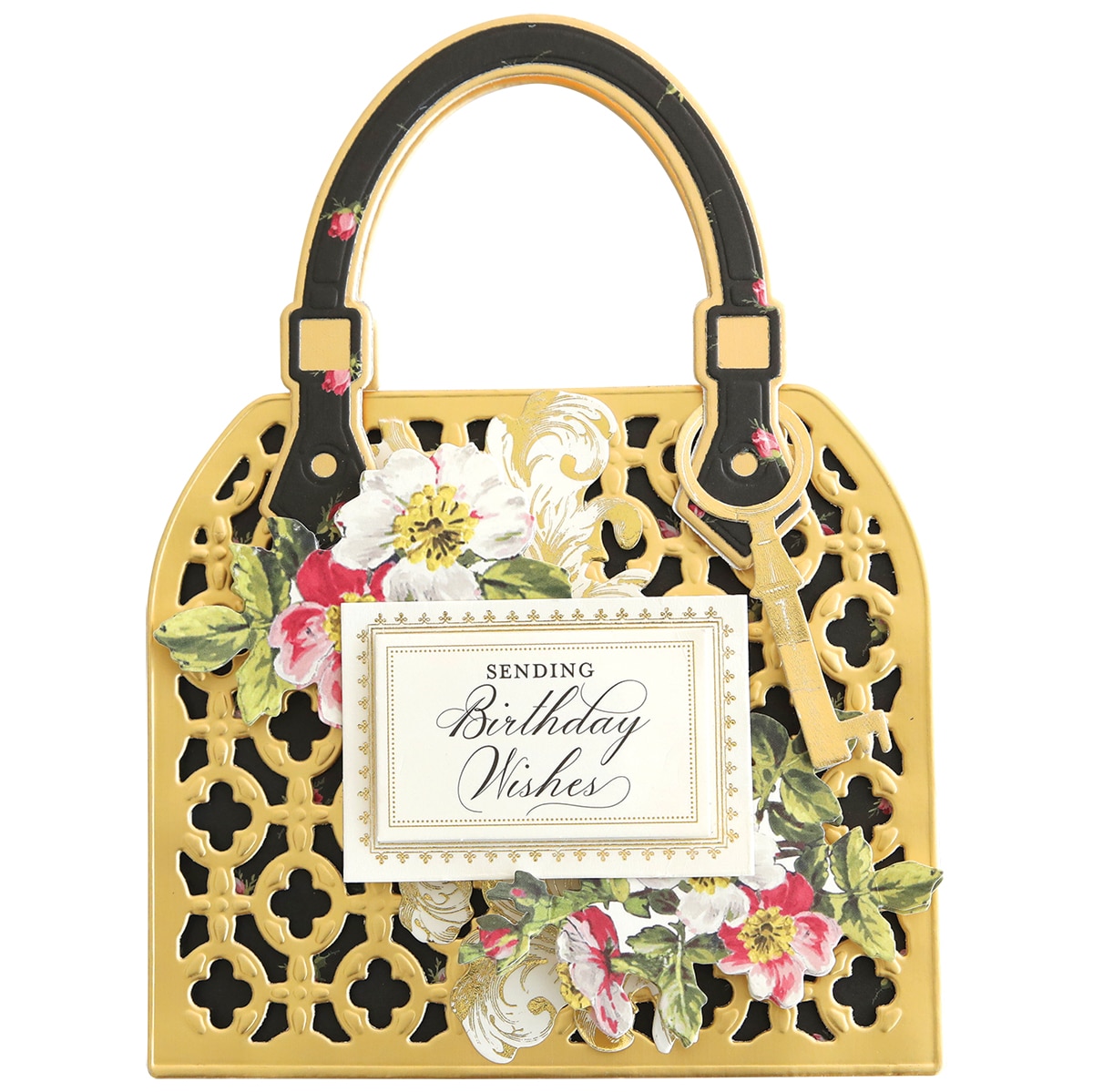 A black and gold birthday card with a handbag on it.
