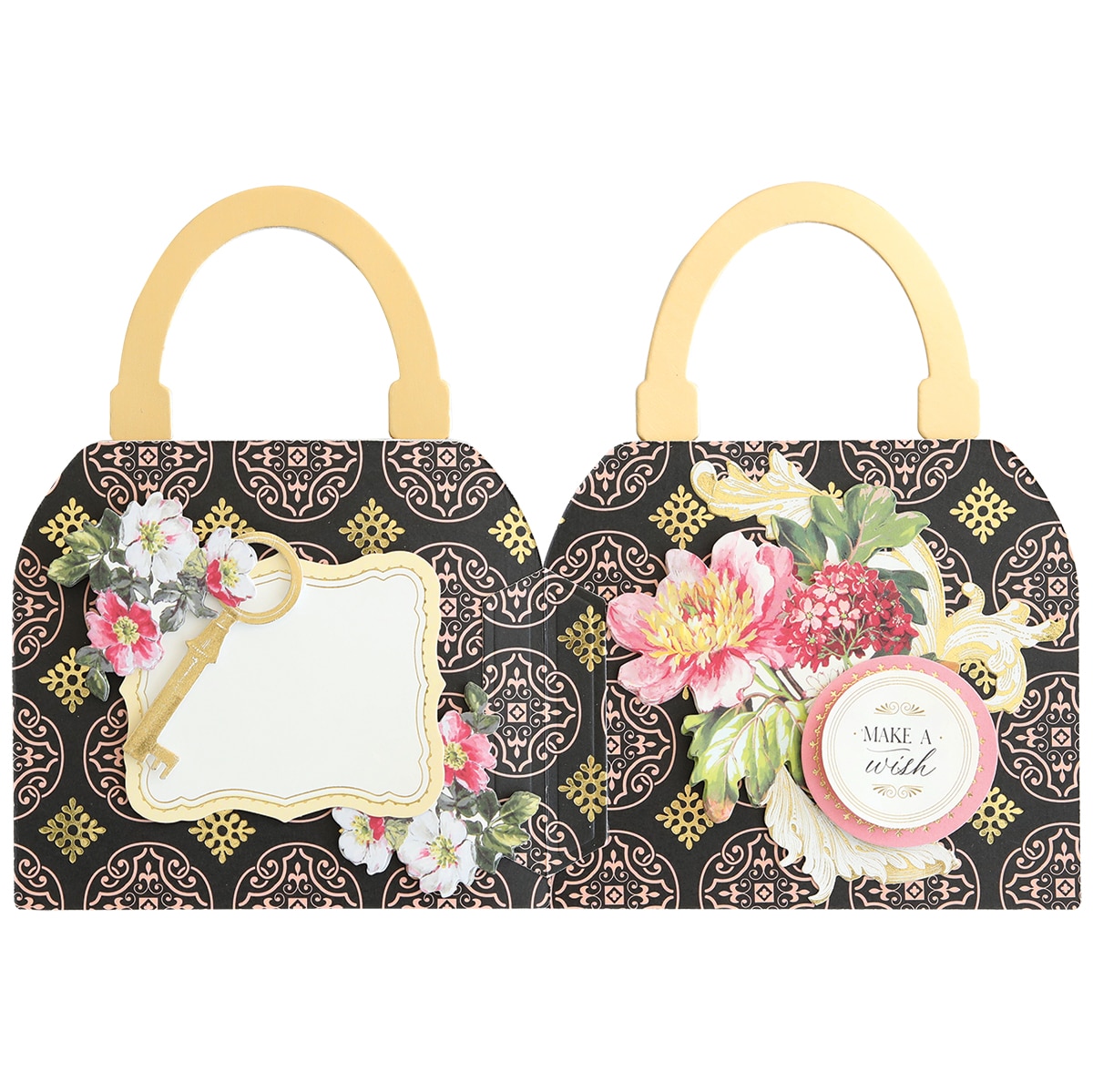 Two black and gold handbags with flowers on them.