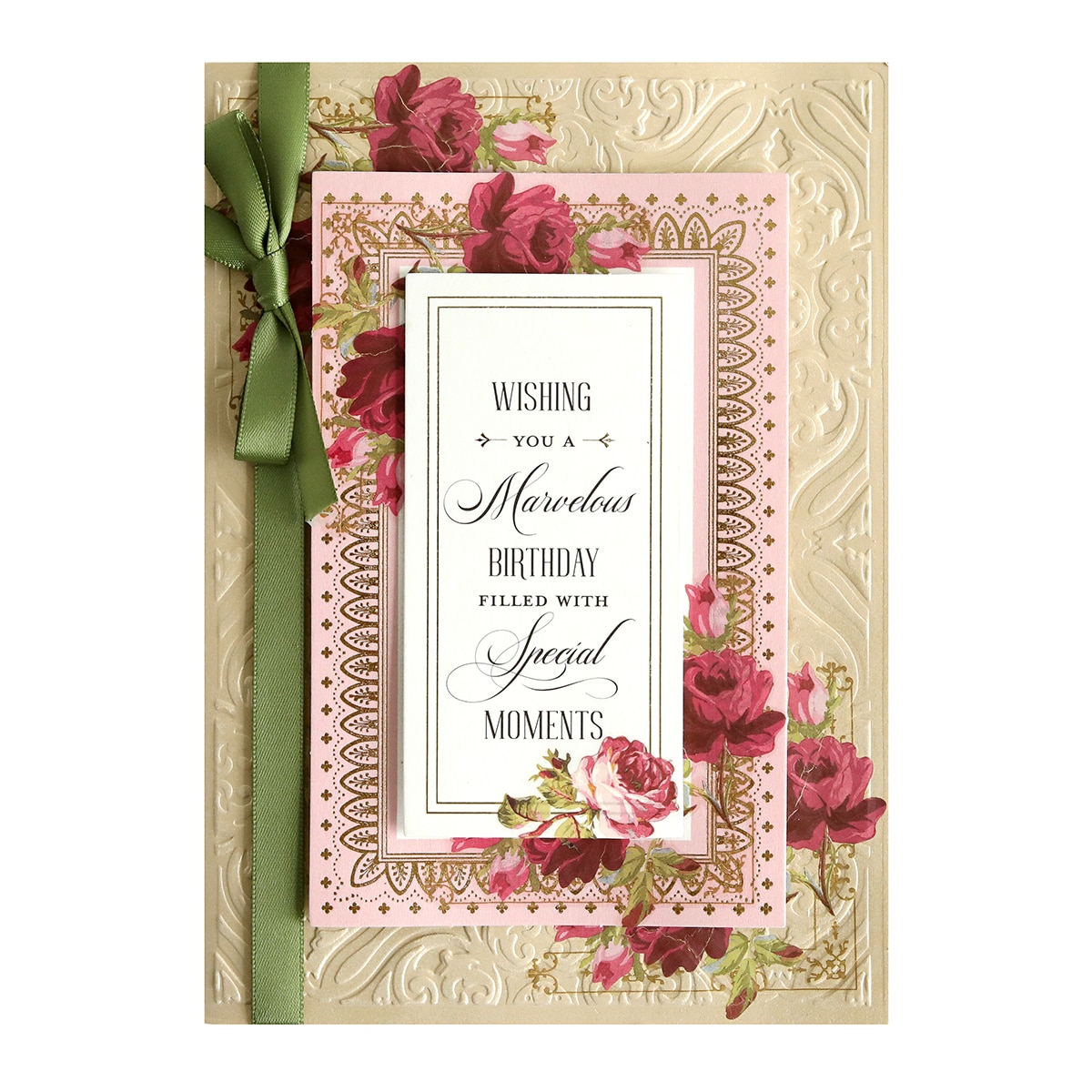 A pink and green card with roses on it.