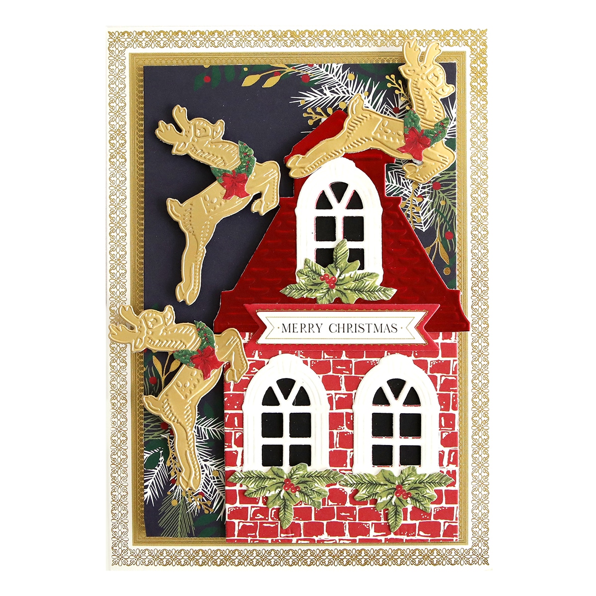 A christmas card with a christmas tree and reindeer.