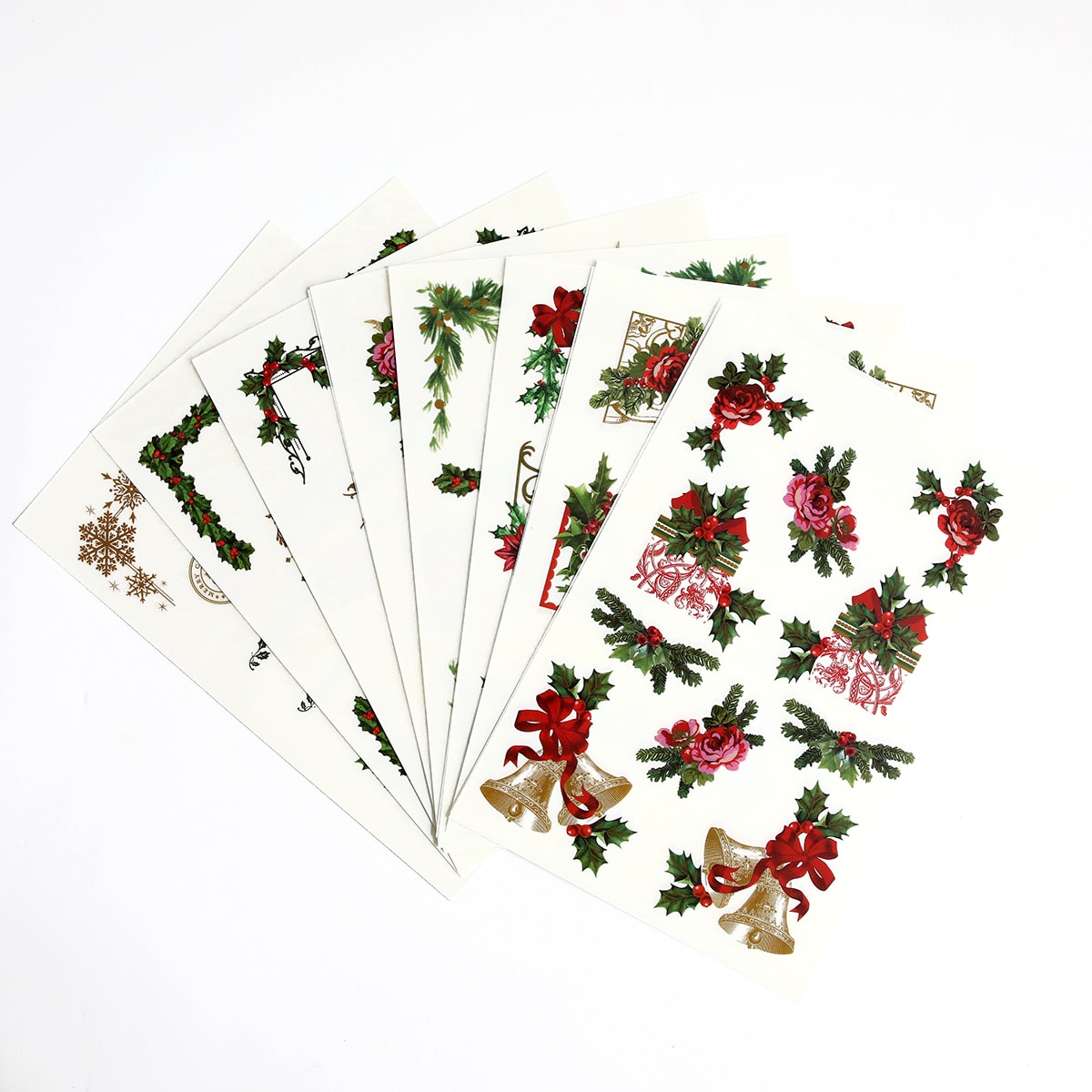 A set of christmas stickers with holly leaves and bows.