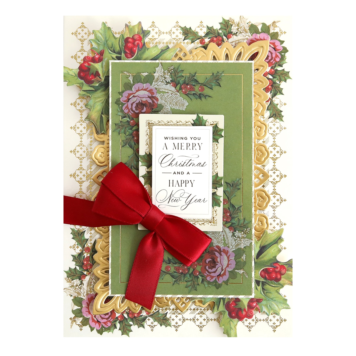 A christmas card with red ribbon and holly leaves.