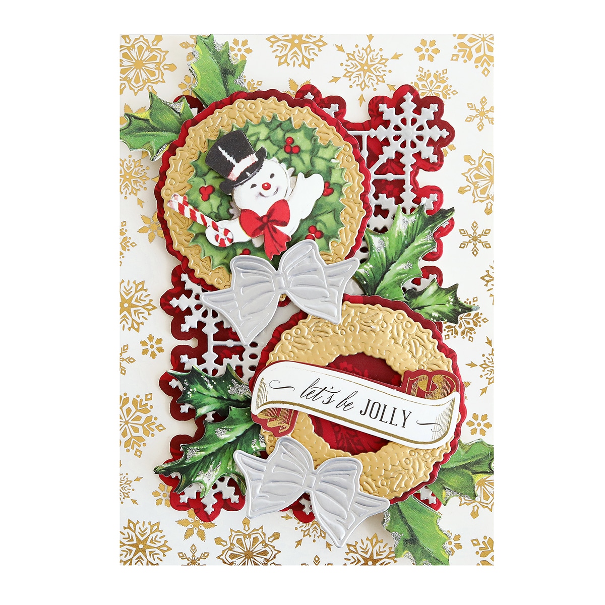 A christmas card with a snowman and holly wreath.