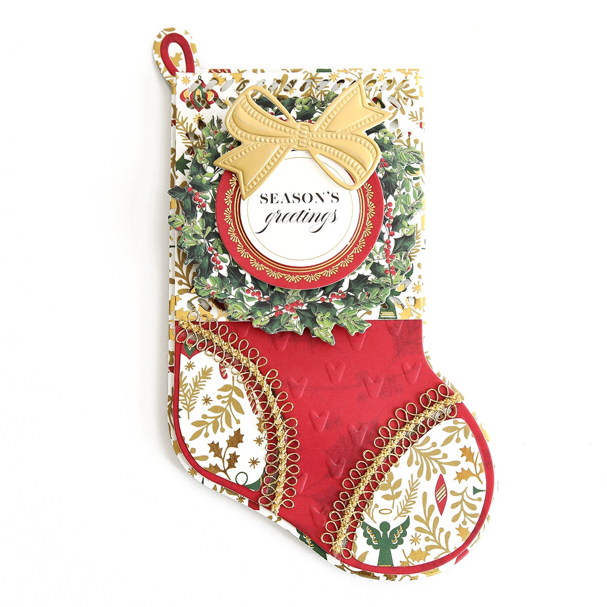 A christmas stocking with gold and red decorations.