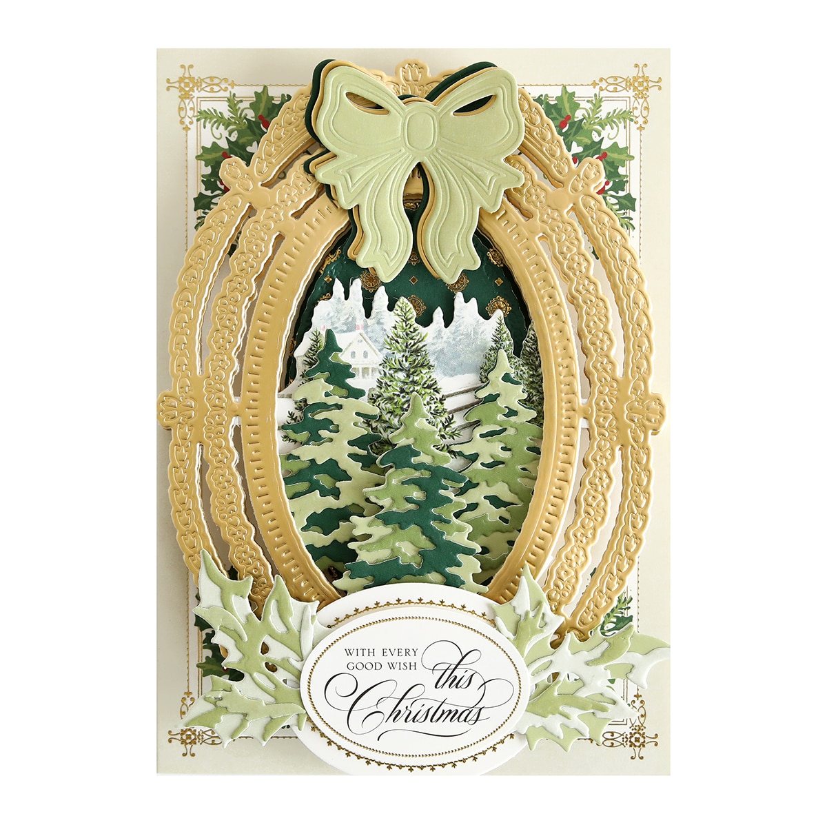 A christmas card with a gold frame and a bow.