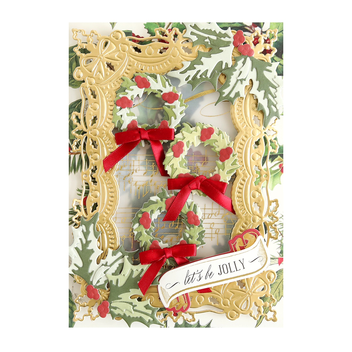 A christmas card with three wreaths and bows.