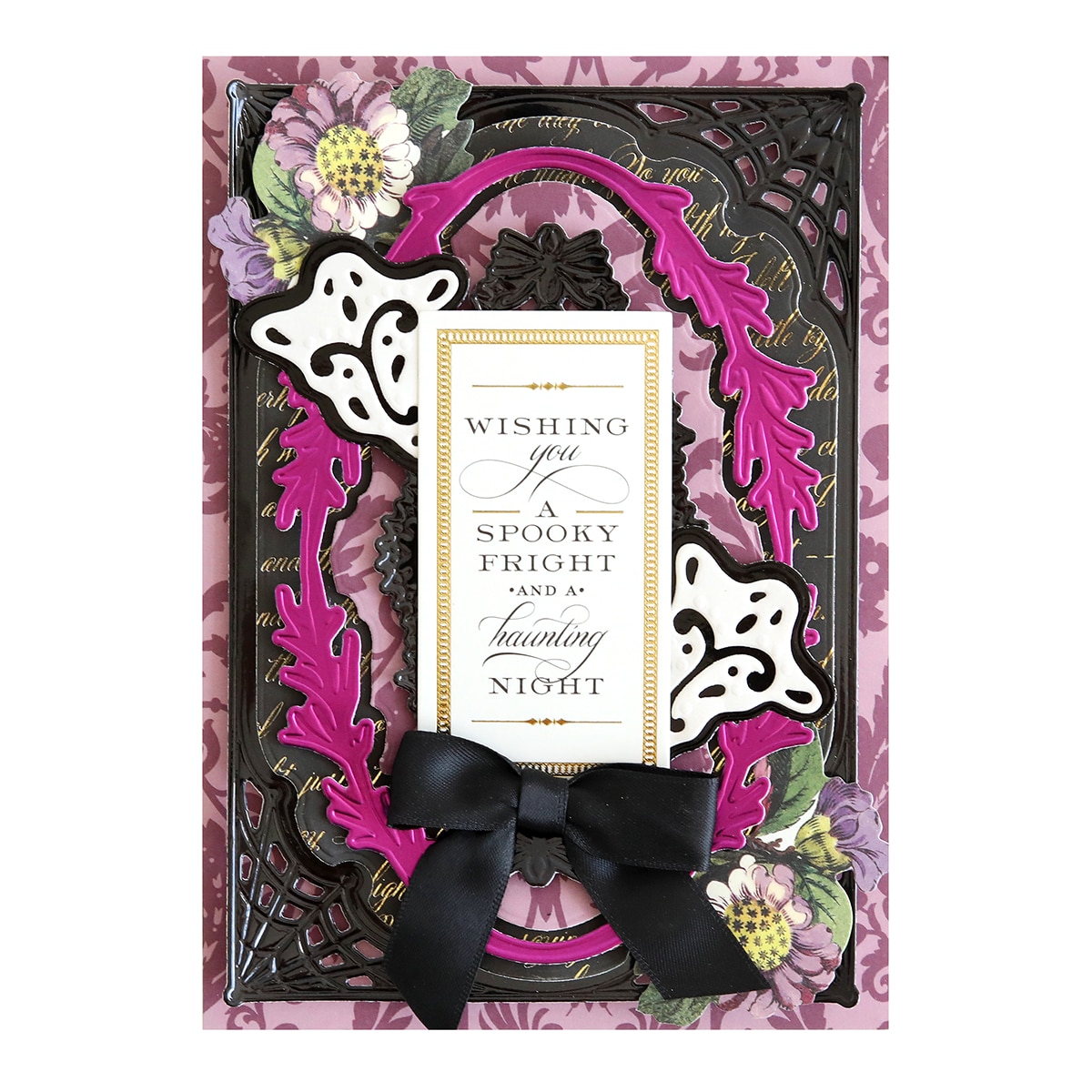 A black and pink card with a bow on it.
